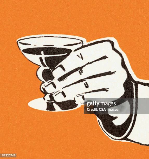 ilustrações, clipart, desenhos animados e ícones de man's hand holding cocktail - martini