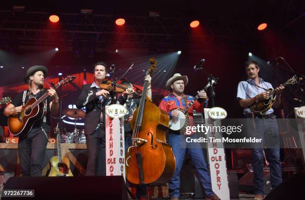 Chance McCoy, Ketch Secor, Critter Fuqua and Cory Younts of Old Crow Medicine Show perform during a Grand Ole Opry tribute at the 2018 Bonnaroo Music...