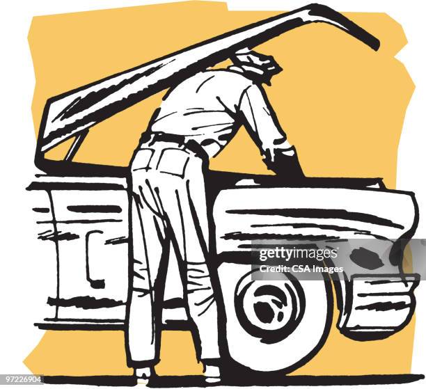 auto mechanic under a hood - car repairs stock illustrations