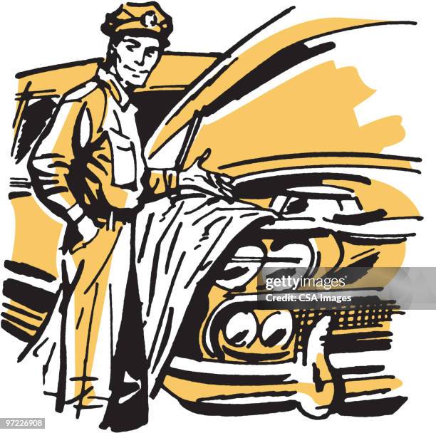 auto mechanic showing work under hood - car repairs stock illustrations