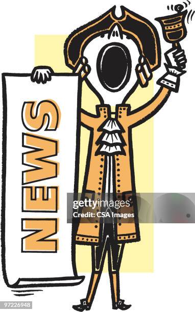 yelling man ringing bell and holding scroll of news - crier stock-grafiken, -clipart, -cartoons und -symbole