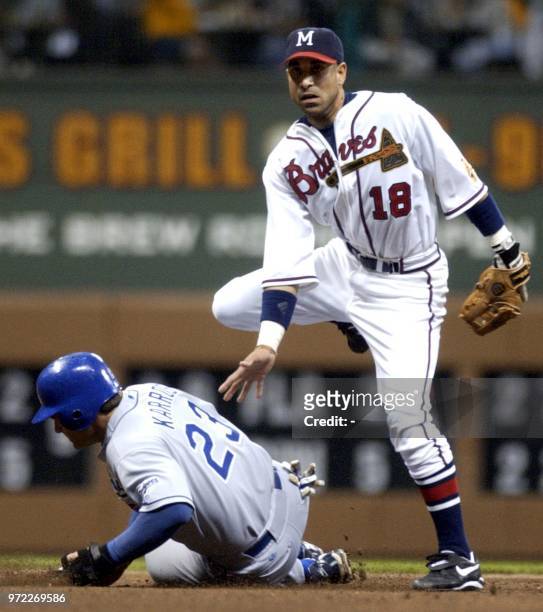 Milwaukee Brewers shortstop Jose Hernandez steps over Los Angeles Dodgers infielder Eric Karros after forcing him out on a double play in the sixth...