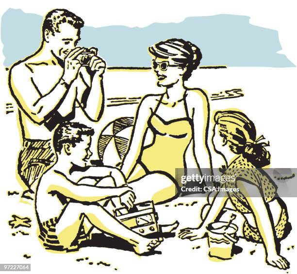 illustrations, cliparts, dessins animés et icônes de young family at beach - fille de