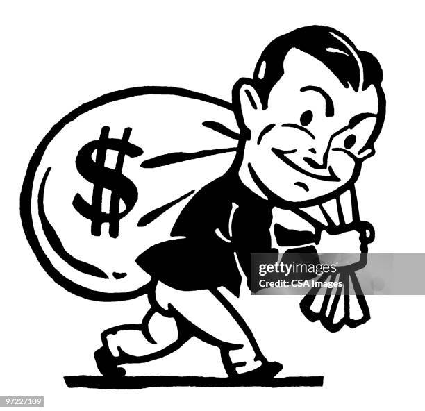 ilustraciones, imágenes clip art, dibujos animados e iconos de stock de man with money - bolsa de dinero