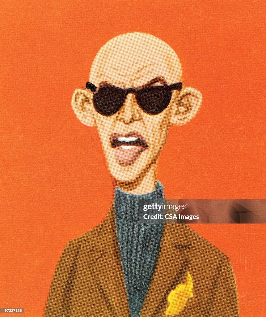 Bald man in tweed and sunglasses