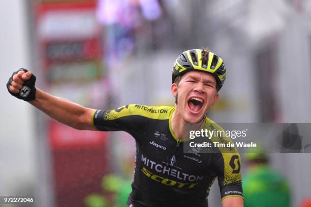 Arrival / Christopher Juul Jensen of Denmark and Team Mitchelton-Scott / Celebration / Rain / during the 82nd Tour of Switzerland 2018, Stage 4 a...