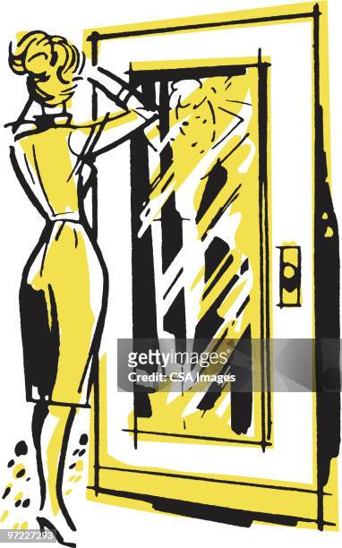 woman looking in full-length mirror - woman full length mirror stock illustrations