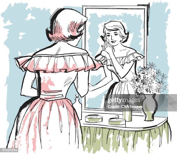 woman looking in mirror - evening dress stock illustrations