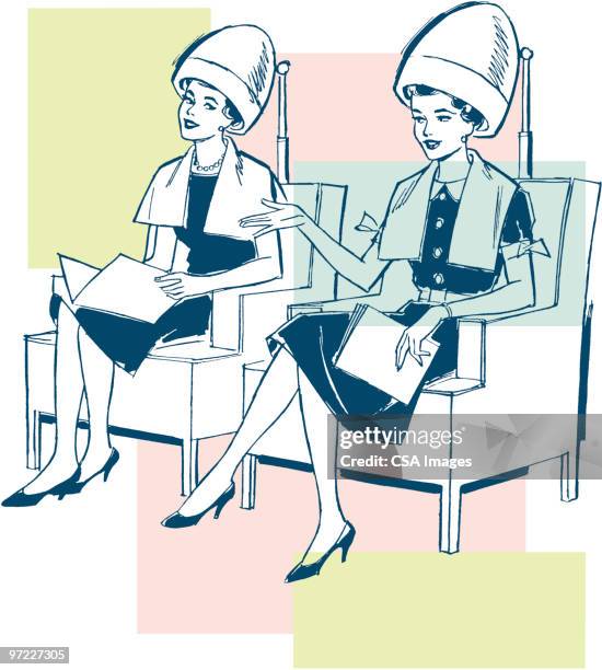 two women under hairdryers at a salon - friseursalon stock-grafiken, -clipart, -cartoons und -symbole