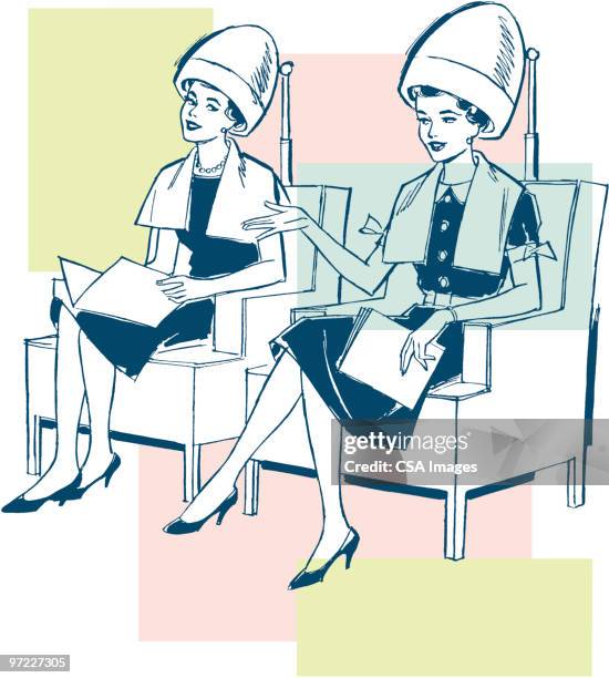 two women under hairdryers at a salon - hair salon stock illustrations