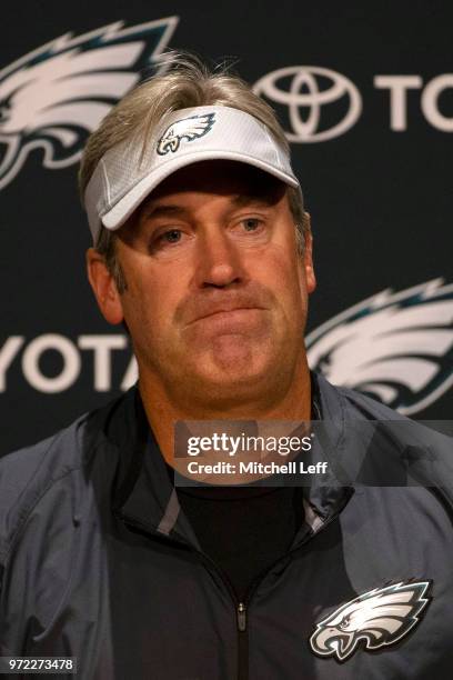 Head coach Doug Pederson of the Philadelphia Eagles talks to the media prior to the start of Eagles OTA's at NovaCare Complex on June 12, 2018 in...