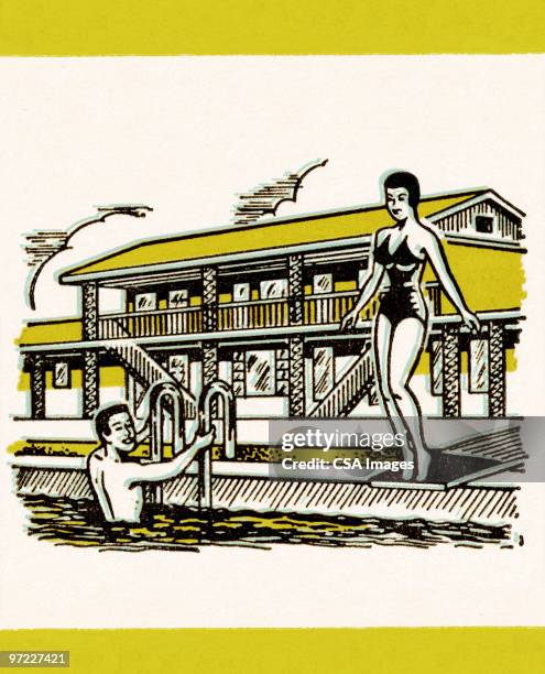 ilustraciones, imágenes clip art, dibujos animados e iconos de stock de pareja en la piscina - motel pareja