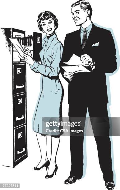 man and woman at file drawer - couple talking stock illustrations