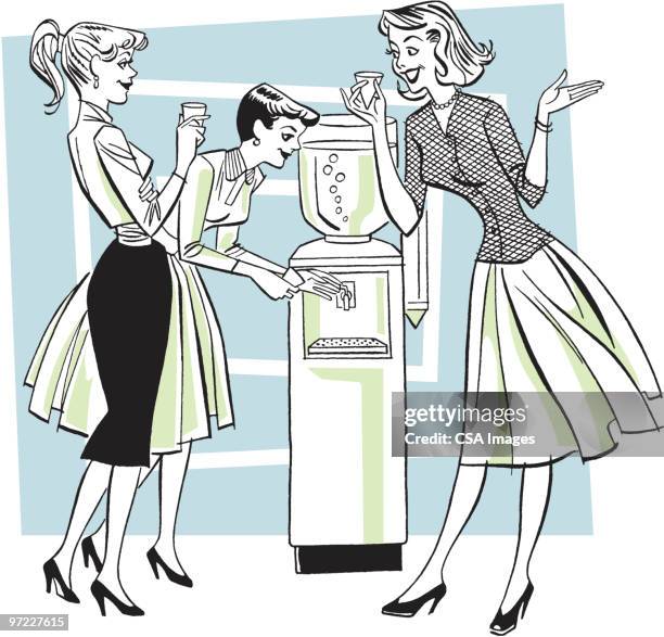three women at a water cooler - water cooler stock illustrations