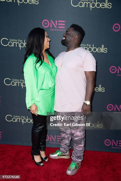 Erica Campbell and Warryn Campbell attend TV One's "We're The Campbells" Special Screening at Harmony Gold Theatre on June 11, 2018 in Los Angeles,...