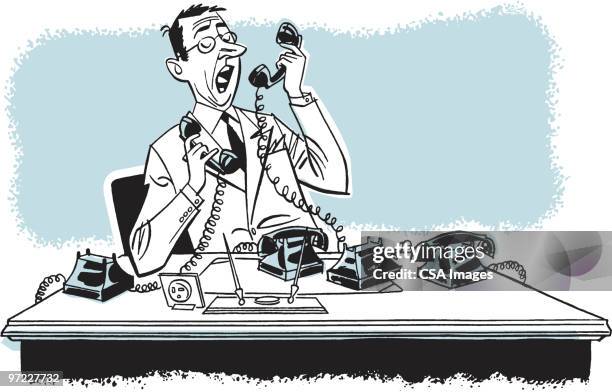 man at desk with many phones - overworked stock illustrations