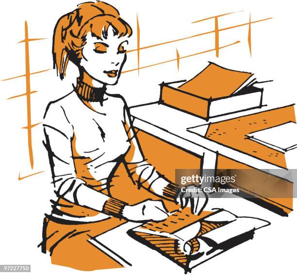 woman typing on typewriter - ponytail stock illustrations