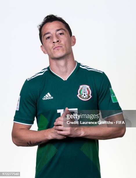 Andres Guardado of Mexico poses for a portrait during the official FIFA World Cup 2018 portrait session at the Team Hotel on June 12, 2018 in Moscow,...