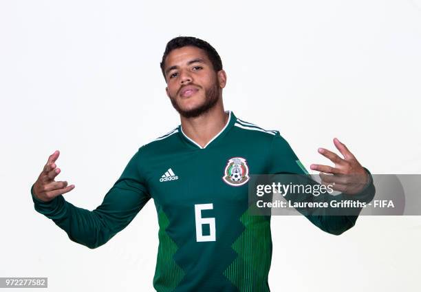 Jonathan dos Santos of Mexico poses for a portrait during the official FIFA World Cup 2018 portrait session at the Team Hotel on June 12, 2018 in...