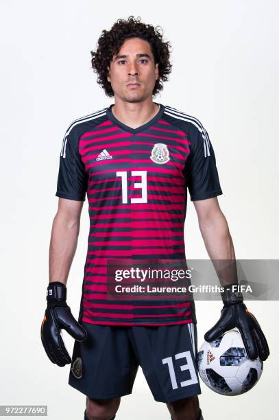 Guillermo Ochoa of Mexico poses for a portrait during the official FIFA World Cup 2018 portrait session at the Team Hotel on June 12, 2018 in Moscow,...