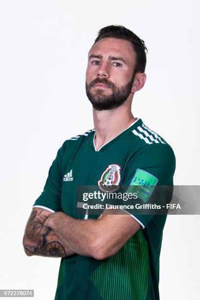 Miguel Layun of Mexico poses for a portrait during the official FIFA World Cup 2018 portrait session at the Team Hotel on June 12, 2018 in Moscow,...