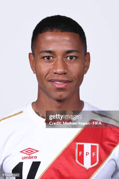 Andy Polo of Peru poses for a portrait during the official FIFA World Cup 2018 portrait session at the Team Hotel on June 11, 2018 in Moscow, Russia.