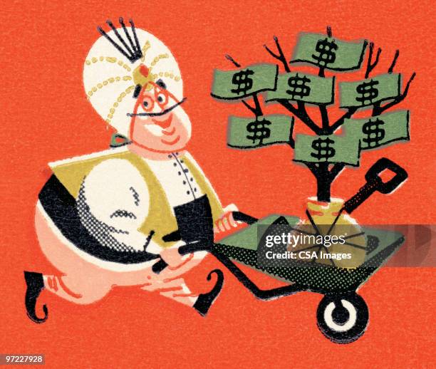 genie granting wishes of money - cash wheelbarrow stock illustrations