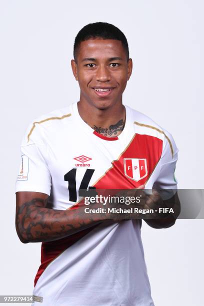 Andy Polo of Peru poses for a portrait during the official FIFA World Cup 2018 portrait session at the Team Hotel on June 11, 2018 in Moscow, Russia.