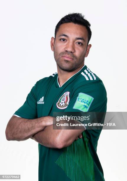 Marco Fabian of Mexico poses for a portrait during the official FIFA World Cup 2018 portrait session at the Team Hotel on June 12, 2018 in Moscow,...