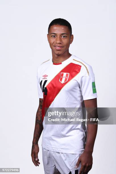 Andy Polo of Peru poses for a portrait during the official FIFA World Cup 2018 portrait session at the Team Hotel on June 11, 2018 in Moscow, Russia.