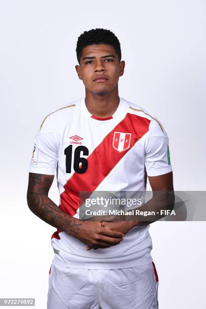 Wilder Cartagena of Peru poses for a portrait during the official FIFA World Cup 2018 portrait session at the Team Hotel on June 11, 2018 in Moscow,...