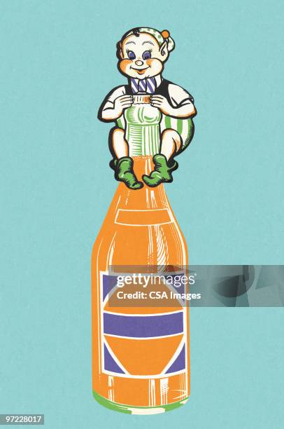 boy elf sitting on neck of orange soda bottle - soda stock illustrations