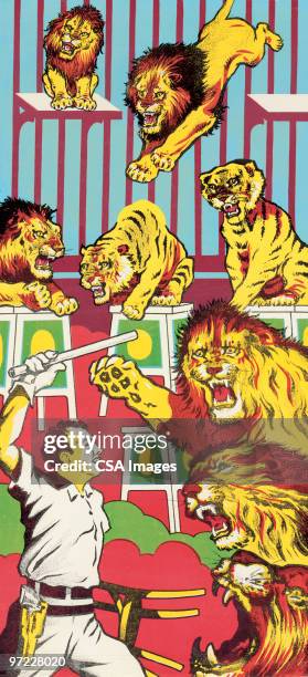 lions attack circus trainer - ライオン使い点のイラスト素材／クリップアート素材／マンガ素材／アイコン素材