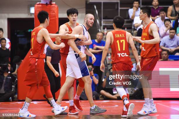 Jesse Wagstaff of Australia argues with Sun Minghui of China during the 2018 Sino-Australian Men's Internationl Basketball Challenge match between...