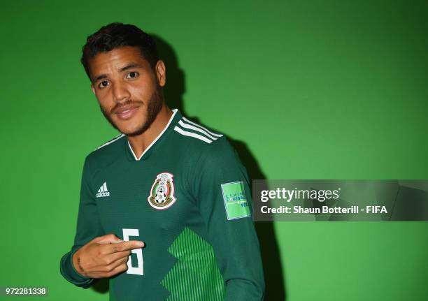 Jonathan Dos Santos of Mexico poses for a portrait during the official FIFA World Cup 2018 portrait session at the team hotel on June 12, 2018 in...