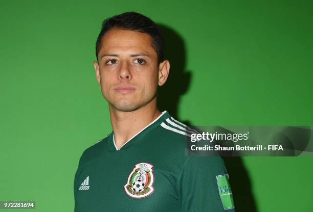 Javier Hernandez of Mexico poses for a portrait during the official FIFA World Cup 2018 portrait session at the team hotel on June 12, 2018 in...