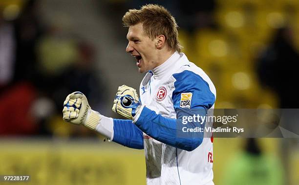 Fortuna goalkeeper Michael Ratajczak celebrates the 0:1 goal during the Second Bundesliga match between Alemannia Aachen and Fortuna Duesseldorf at...