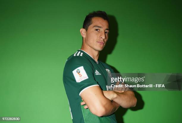 Andres Guardado of Mexico poses for a portrait during the official FIFA World Cup 2018 portrait session at the team hotel on June 12, 2018 in Moscow,...
