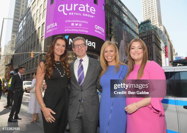 Brooke Shields, Mike George, Jill Martin and Jamie Kern Lima attend the 'New Qurate Retail Group' Opening Bell Ceremony at NASDAQ MarketSite on June...