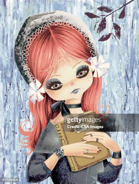 stockillustraties, clipart, cartoons en iconen met big eyed girl with book of spells - young goth girls