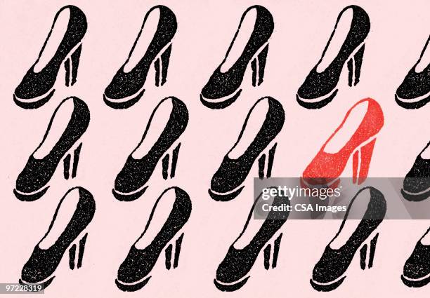 ilustraciones, imágenes clip art, dibujos animados e iconos de stock de one red shoe - tacones altos