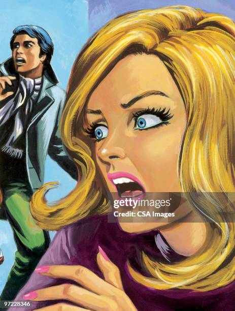 scared woman - portraits of people blue background stock illustrations