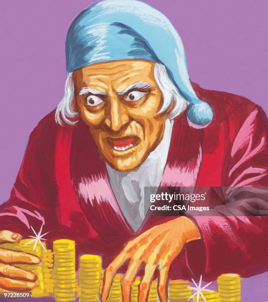 scrooge counting coins - portrait studio purple background stock illustrations