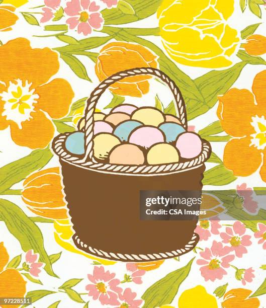 easter egg basket - easter eggs in basket stock illustrations