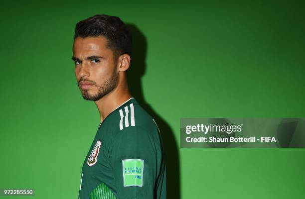 Diego Reyes of Mexico poses for a portrait during the official FIFA World Cup 2018 portrait session at the team hotel on June 12, 2018 in Moscow,...