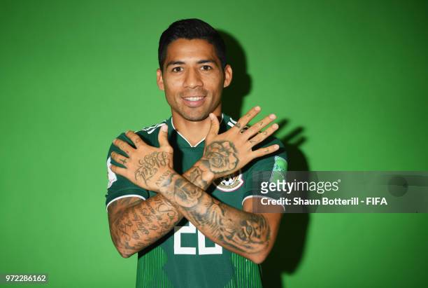 Javier Aquino of Mexico poses for a portrait during the official FIFA World Cup 2018 portrait session at the team hotel on June 12, 2018 in Moscow,...
