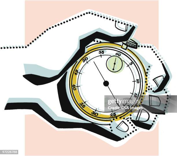 hand with stopwatch - schaltuhr stock-grafiken, -clipart, -cartoons und -symbole
