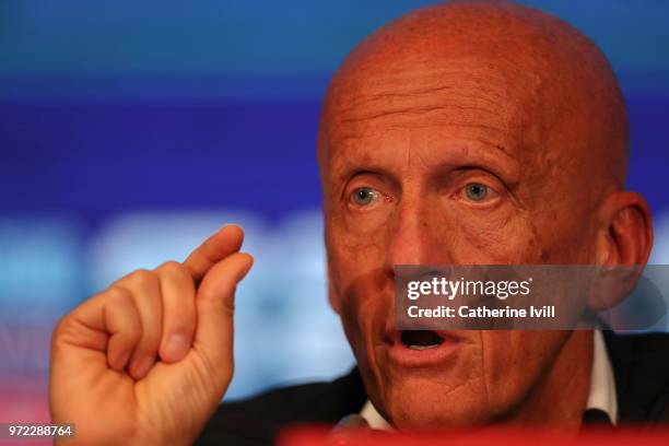 Perluigi Collina, Chairman of FIFA referees committee during a press conference on Referees Media Day at Luzhniki Stadium on June 12, 2018 in Moscow,...