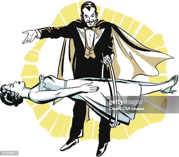 ilustraciones, imágenes clip art, dibujos animados e iconos de stock de magician and assistant - ilusión