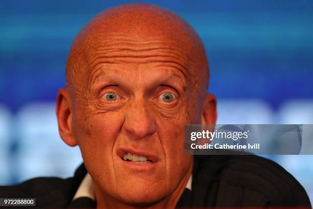 Perluigi Collina, Chairman of FIFA referees committee during a press conference on Referees Media Day at Luzhniki Stadium on June 12, 2018 in Moscow,...